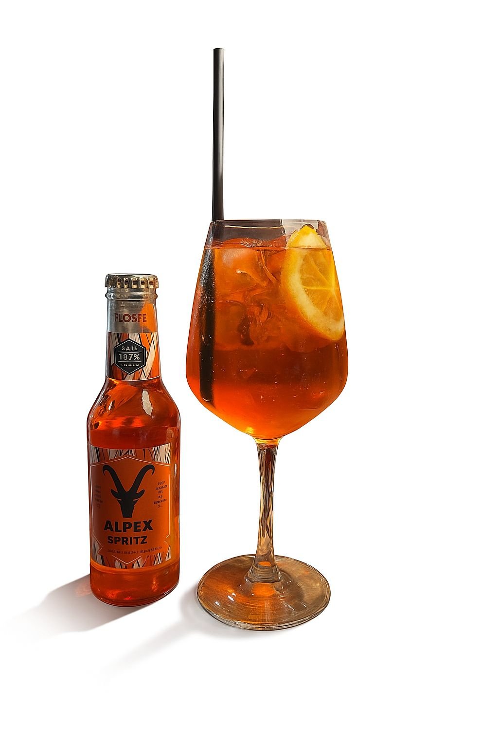 calice di spritz analcolico con bottiglia di spritz analcolico